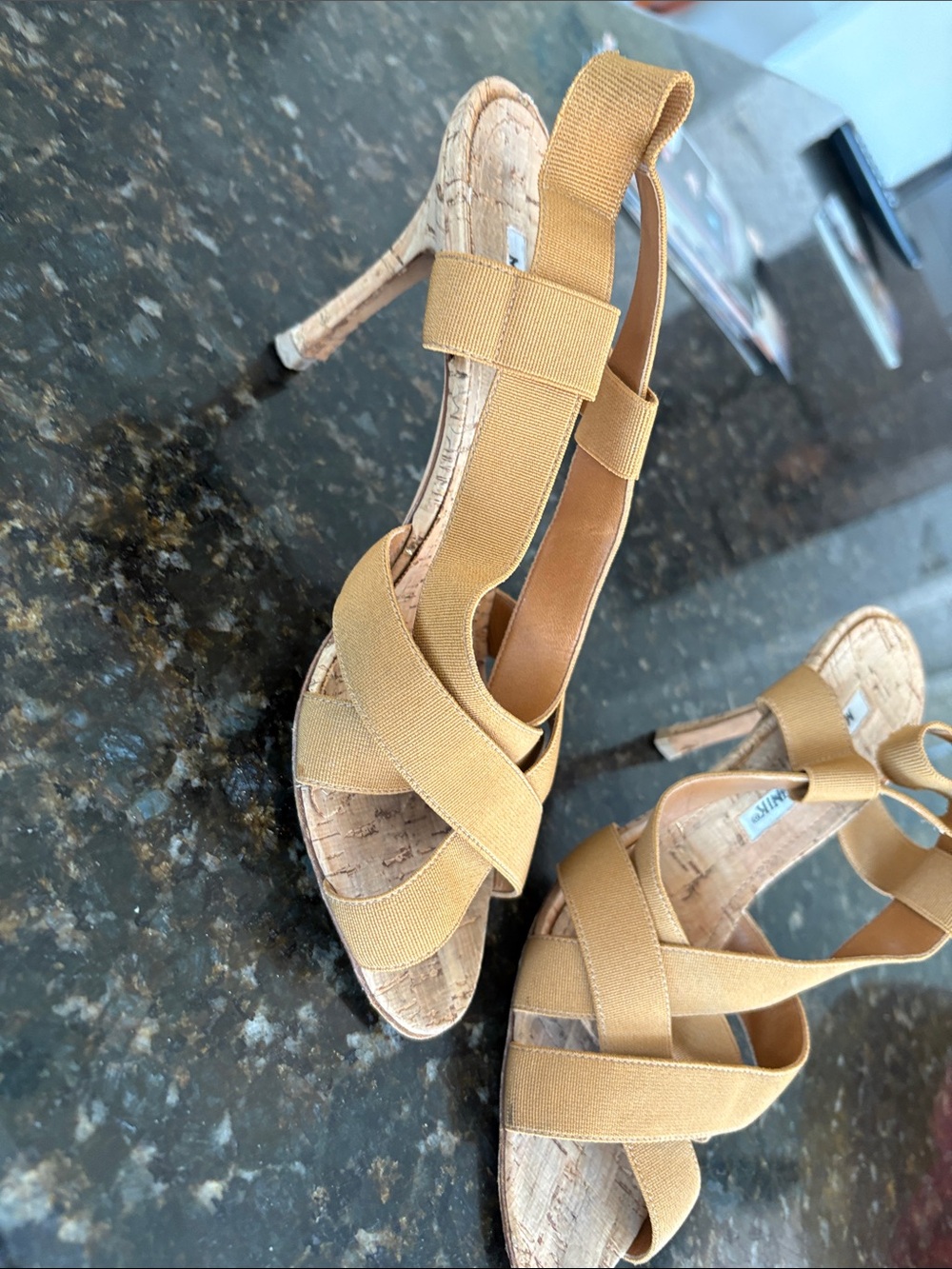 Manolo Blahnik Tan Crisscross Slingback Sandals
